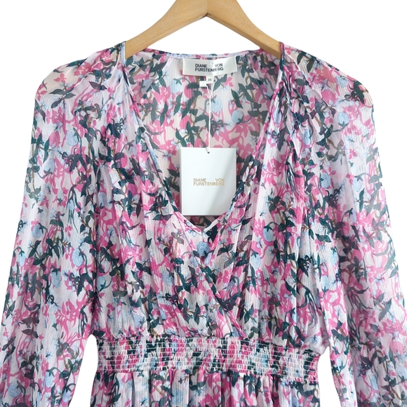 DIANE VON FURSTENBERG Kelby Floral Silk Mini Tiered Ruffle Pink Dress Size XS - Picture 5 of 17